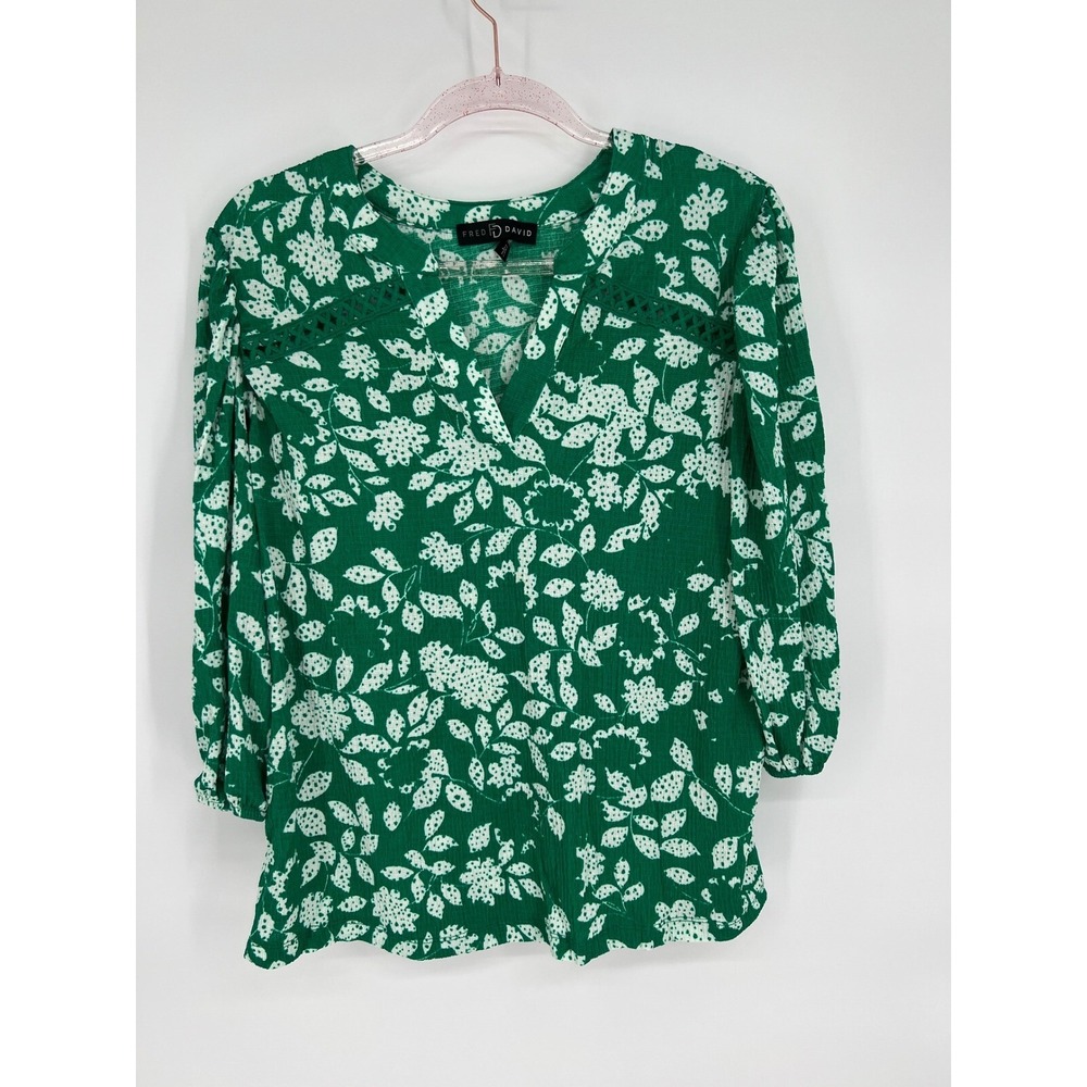 Fred David Floral Blouse Crochet Trim Long Sleeve Green White Size L